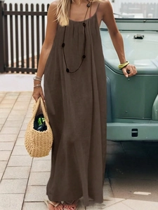 Damen Rückenfrei Spaghettiträger Maxi Kleid Locker Plissiert Einfarbig Polyester Urlaub Strand Loungewear Ärmellos Sommerkleid