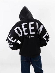 Oversized black hoodie for women featuring white Redeemed Galatians letter print back view