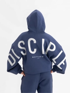 Navy blue tracksuit hoodie with white Disciple print and Matthew 28:19 bible verse on back