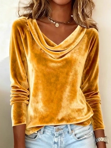 Haut Élégant en Velours à Manches Longues Pour Femmes Col Drapé Coupe Slim Couleur Unie T-Shirt en Velours Décontracté