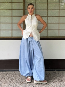 Pantaloni A Lanterna Da Donna 100% Cotone Vita Alta Elastica Coulisse Baggy Gamba Larga Casual Streetwear Vestibilità Ballon