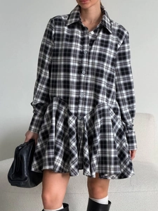 Robe Chemise Vintage à Carreaux pour Femmes Revers Manches Longues Boutonnage Simple Amincissant Ourlet Bouffant Robe Midi Printemps Automne