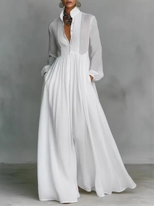 Robe Maxi Plissée à Manches Longues Élégante Française Femmes Couleur Unie Col Mi-haut Taille Ample Robe Vacances