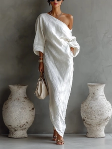 Women Elegant Off Shoulder Maxi Dress Lantern Long Sleeve Solid Color Slanted Neck Loose Evening Party Cocktail Long Gown