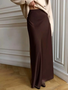 Elegant high-waist brown satin fishtail maxi skirt with silky texture for spring
