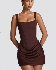 Close-up of chocolate brown corset mini dress with elegant draping and slim fit details