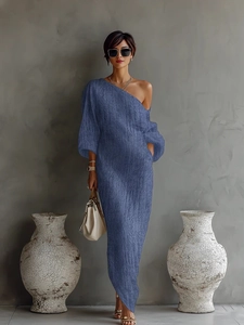 Elegant blue one-shoulder long sleeve knitted dress with textured fabric and ankle length