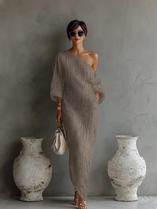Elegant brown off-shoulder long sleeve knitted maxi dress with a slim silhouette