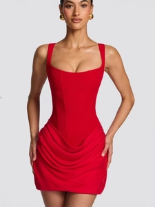 Elegant red corset mini dress with draped skirt and wide straps for sexy evening wear