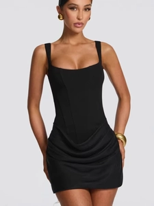 Sexy black sleeveless corset bodycon dress with square neck and ruched mini skirt detail