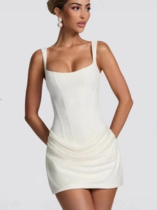 White sleeveless corset dress with draped detailing and bodycon silhouette for women