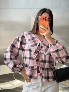 Women Plaid Peter Pan Collar Blouse With Lace Trim Bow Tie Long Sleeve Shirt Ruffle Hem Lantern Sleeve Casual Sweet Top
