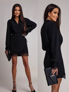 Women's Elegant Satin Lapel Long Sleeve Mini Dress Lace Patchwork V-Neck Pleated Slim Fit Office Party Fashion Dress