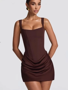 Women Sexy Corset Mini Dress Sleeveless Camisole Bodycon Draped Ruched Satin Dress Lace Up Back Party Club Evening Short Dress