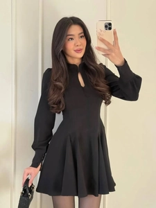 Elegant black long sleeve fitted dress with pleated hem and chic high neck design