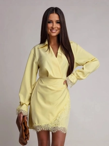Elegant long sleeve pale yellow satin dress with v-neck and lace trim detailing