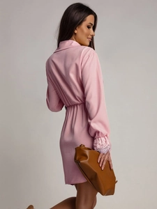 Elegant light pink long sleeve mesh dress with shirt collar and lace trim on cuffs