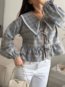 Plaid long-sleeved blouse with vintage doll collar, lace trim and bow-tie closures