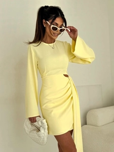 Robe Mini Sexy Femme Avec Évidé Manches Longues Cloche Élégante Couleur Unie Plissé Moulante Fête Avec Ruban
