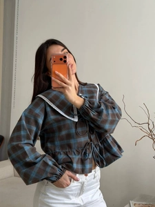 Retro blue and brown plaid blouse with large lace Peter Pan collar and lantern sleeves