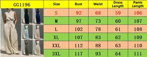Size chart for women's sleeveless cotton linen set showing measurements from S to 3XL