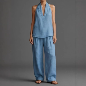 Women's light blue sleeveless V-neck top and wide-leg trousers two-piece summer set
