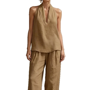 Women sleeveless V-neck halter top and wide-leg pants two-piece set in khaki linen