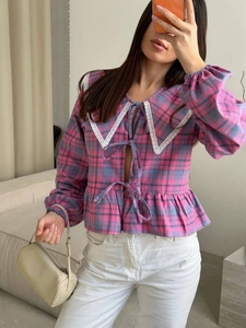 Plaid long sleeve shirt with lace collar and front bow ties for women in blue and pink