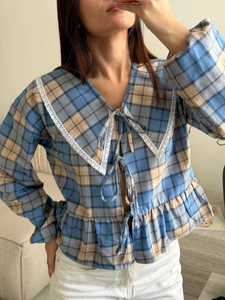 Blue and beige plaid blouse with lace sailor collar and delicate front bow ties