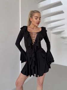 Damen Sexy V Ausschnitt Schnürung Rüschen Mini Kleid Glocken Langarm Einfarbig Elegant Slim Fit Party Clubwear Kleid
