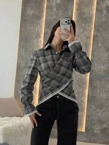 Retro slim-fit plaid long-sleeve shirt with lace trim and waist wrap design
