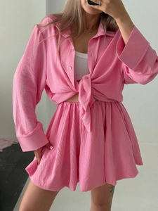 Ensemble Femme Top And Bottom Chemise à Manches Longues à Volants et Short Couleur Unie Tenue Décontractée