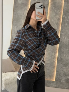 Vintage plaid long sleeve wrap shirt with lace trim and slim fit waist design for women