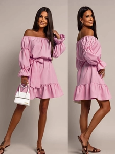 Damen Schulterfrei Laternenärmel Mini Kleid Elegant Einfarbig Mit Gürtel Rüschensaum Kleid Für Party Clubwear Schickes Outfit