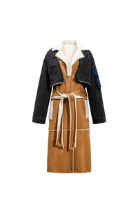 Close-up of contrast stitching and white sherpa fleece lining on long patchwork coat