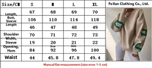 Size chart showing bust and length for this casual off-white long sleeve sweatshirt