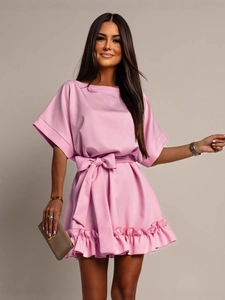 Women Elegant Short Sleeve Mini Dress Ruffle Hem Tie-Waist Round Neck Solid Color Polyester Summer Party Dress