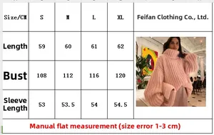 Detailed size chart for pink turtleneck knit sweater with length and chest measurements
