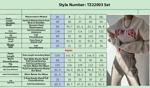 Size guide for women's New York printed casual fleece tracksuit including pants