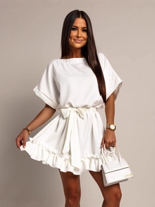 Elegant white off-shoulder mini dress with waist tie and ruffle hem details