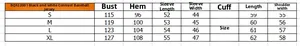 Size chart for black and white baseball jacket with chest and length measurements