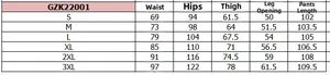 Detailed size chart for cargo pants GZK22001 showing waist and hip measurements