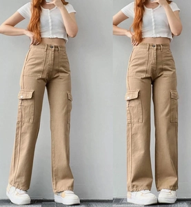 Detailed view of khaki cargo pants featuring large utility pockets and high-waist design