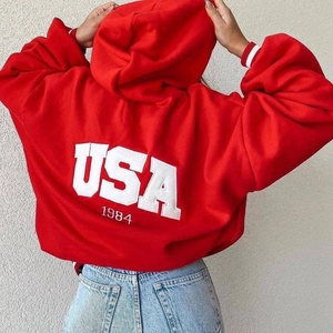 Women Oversized Hooded Sweatshirt Vintage USA Letter Print Long Sleeve Fleece Pullover Casual Loose Stripe Cuff Fashion Hoodie
