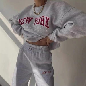 Women's grey New York printed fleece tracksuit set with hoodie and joggers
