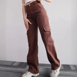 Brown high-waisted cargo pants with large side pockets and wide straight-leg fit for women