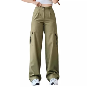 Army green high waist cargo pants with side flap pockets and wide leg straight fit