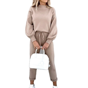 Women's camel knit two-piece lounge set with high neck puff sleeves and jogger pants