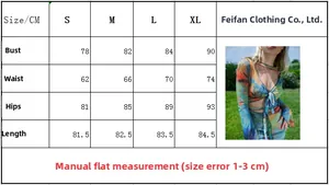 Size chart table for the floral print long sleeve mini dress with detailed measurements