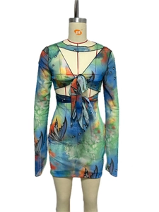 Detail of Y2K long sleeve dress with butterfly print and stylish cutout tie design